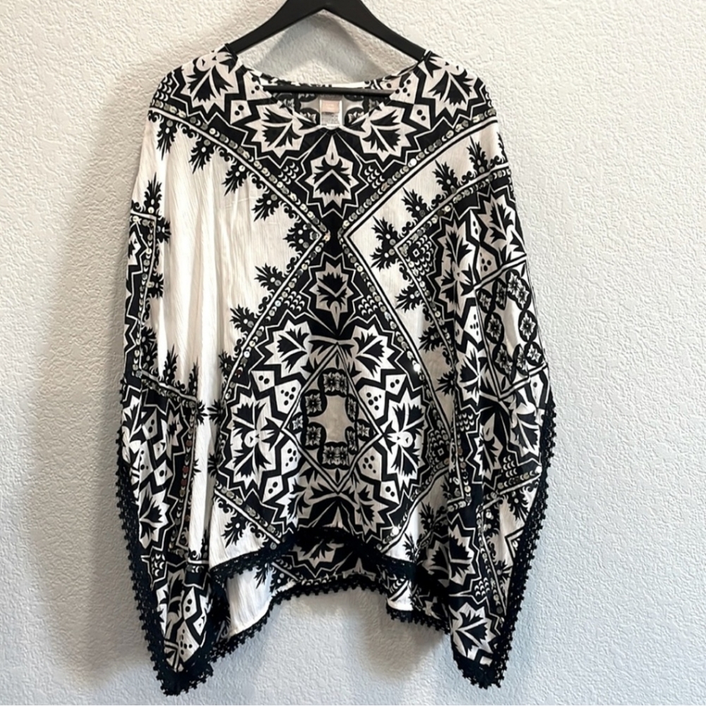 Chico's Black & White Lace Print Lightweight Poncho with Sequins Size L/XL